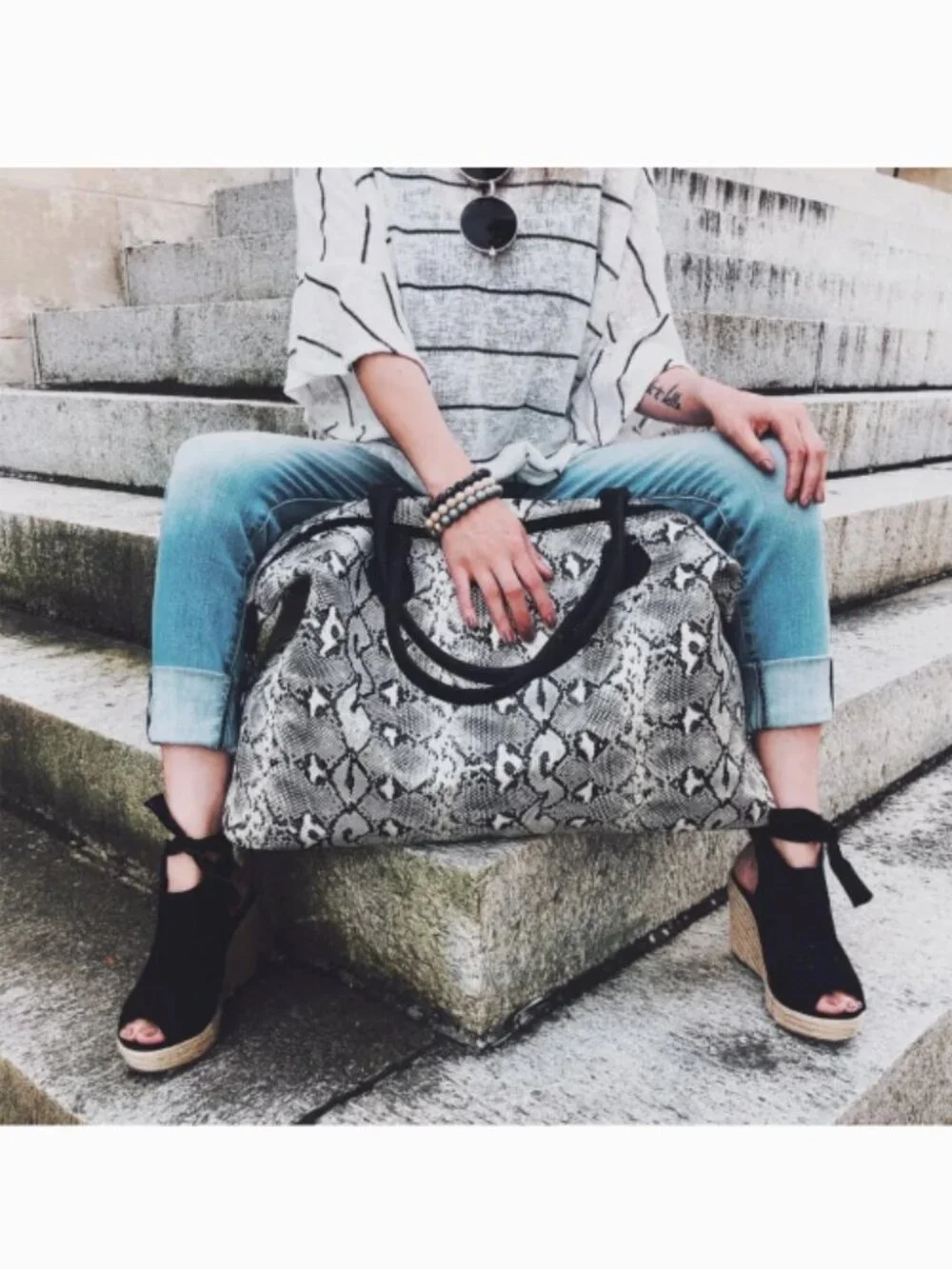 Snakeskin Weekender Tote Duffle Bag Soft Material White Black